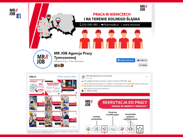 strona główna profilu na Facebooku Agencji Pracy Tymczasowej MR JOB
