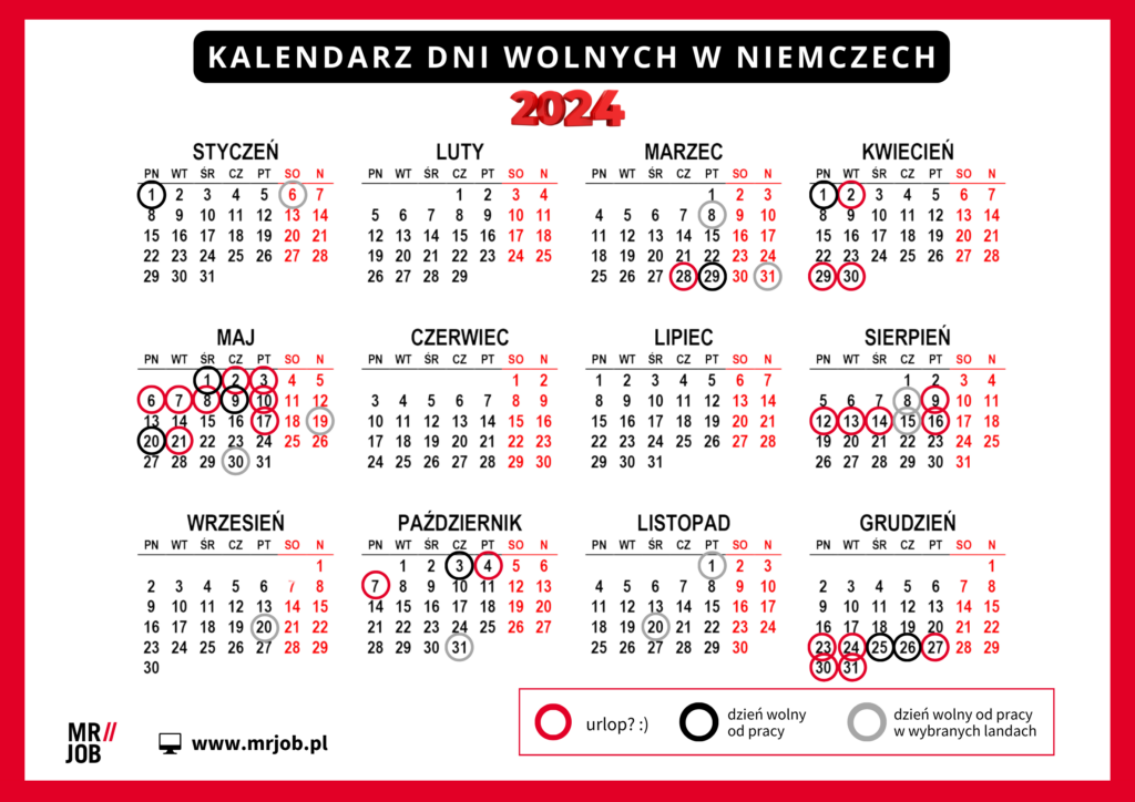 kalendarz dni wolnych Niemcy 2024